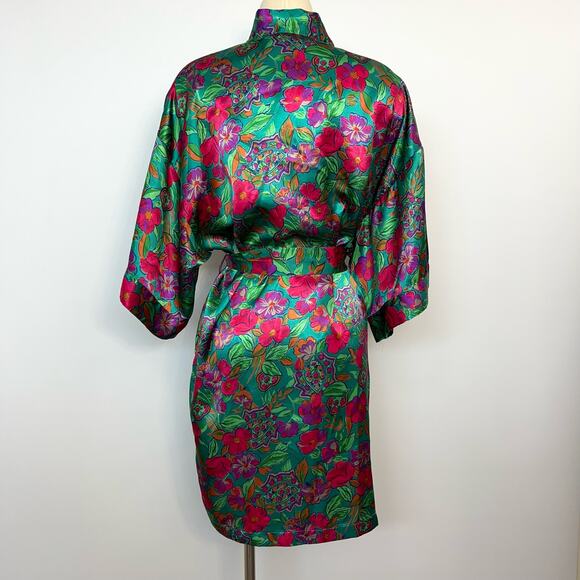 Cacique Vintage Short Satin Robe Kimono Green Floral  | Size: Small - Picture 5 of 9